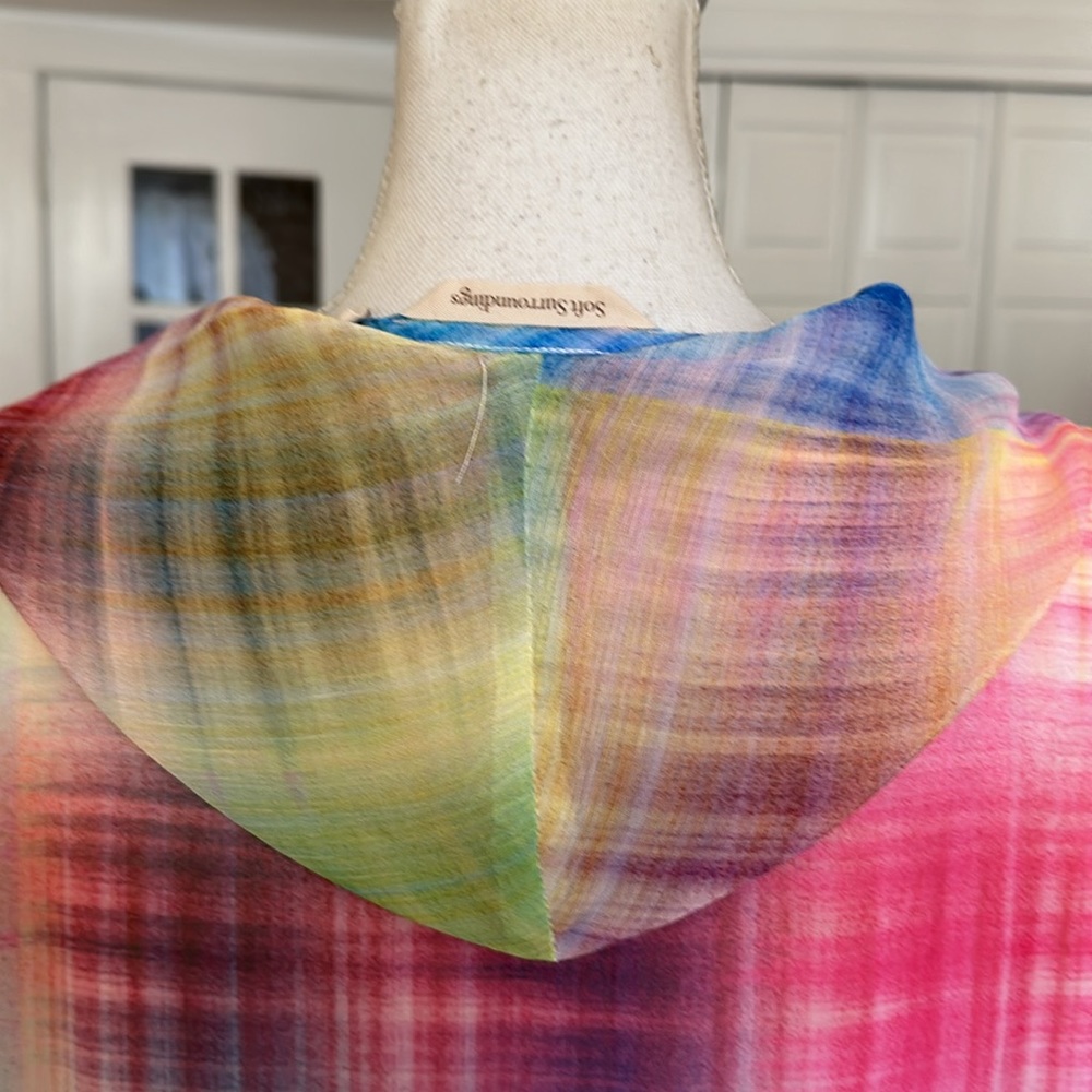 Soft Surroundings Carnevale Multi Plaid Maxi Dress Cowl Neck Pink Yellow Blue L - Picture 7 of 14